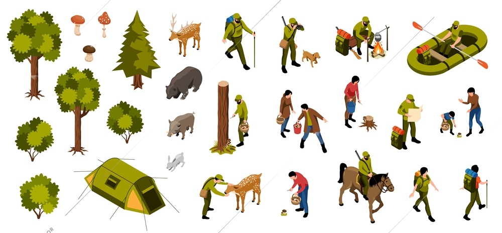 Isometric mushroom pickers fisher hunter set with isolated icons of forest trees animals with human characters vector illustration