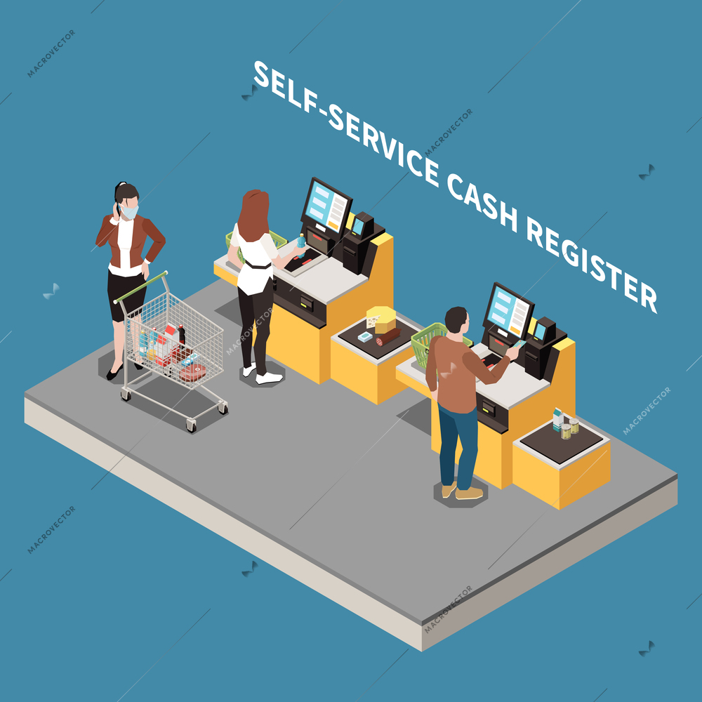 Customers using self service cash register at supermarket 3d isometric vector illustration