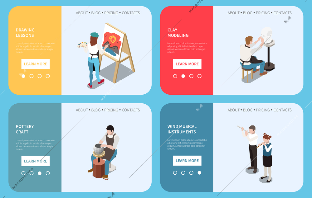 Isometric set of horizontal website banners with art school students painting doing pottery clay modelling and playing wind instruments isolated vector illustration