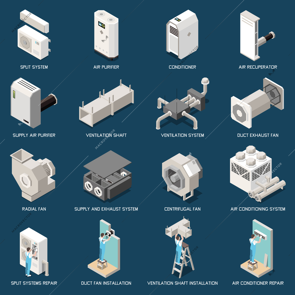 Air cleaning and conditioning isometric icons set with conditioners ventilation fans and maintenance workers repairing split system isolated 3d vector illustration