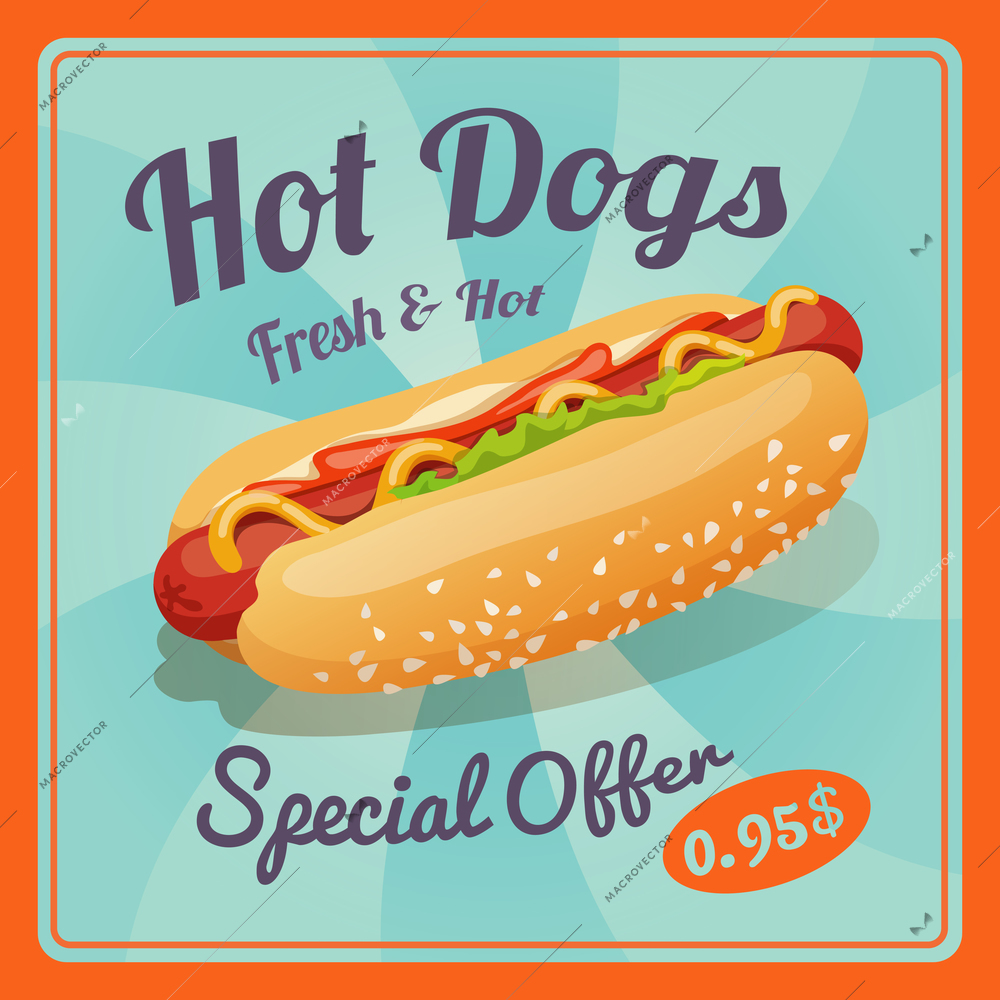 Hot dog retro fast food take away poster vector illustration