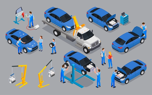 Car service isometric icons set of tow truck with faulty car workers and workshop equipment for repair vector illustration