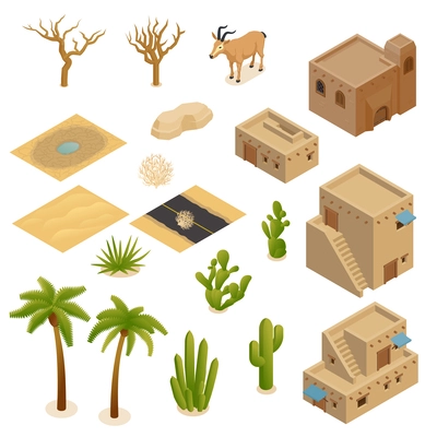 Desert landscape isometric set of mud brick buildings plants animals inhabits adapted for hot arid climate isolated vector illustration