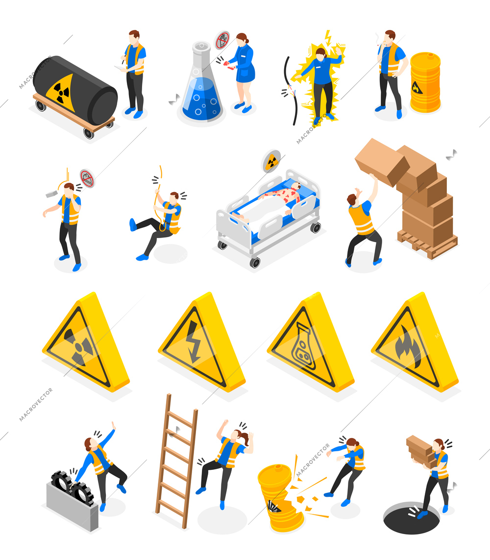 Safety precaution at workplace isometric icons set isolated vector illustration