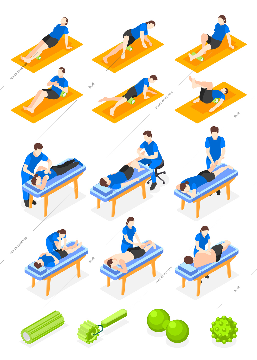 Myofascial release isometric icons set with massage rollers and professional therapists isolated vector illustration