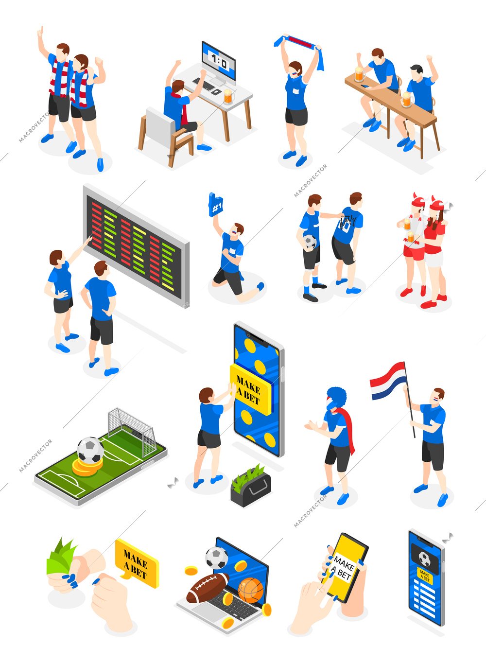 Sport betting isometric icons set with football fans isolated vector illustration