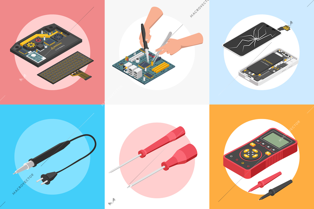 Isometric set of computer smartphone testing repairing square and round compositions with screwdrivers hands and circuitry vector illustration