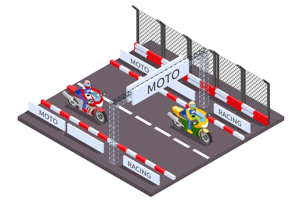 Racing isometric composition with view of motorcycle speed race track section with competing drivers and barriers vector illustration