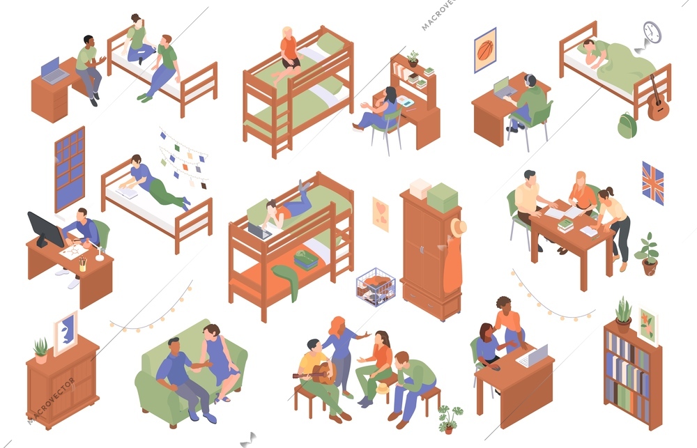 Dormitory room isometric set of studying and resting student characters and furniture items isolated vector illustration