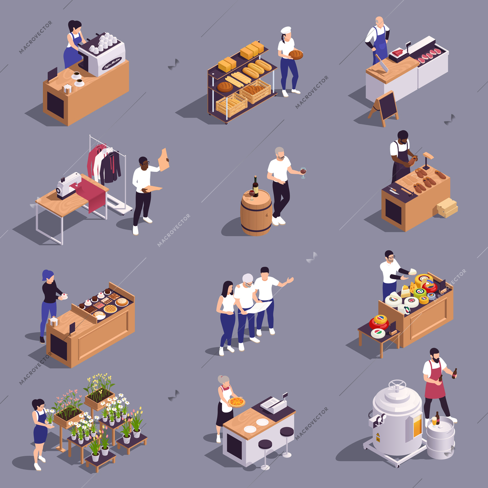 Small family business isometric set of isolated compositions with human characters going into business for themselves vector illustration