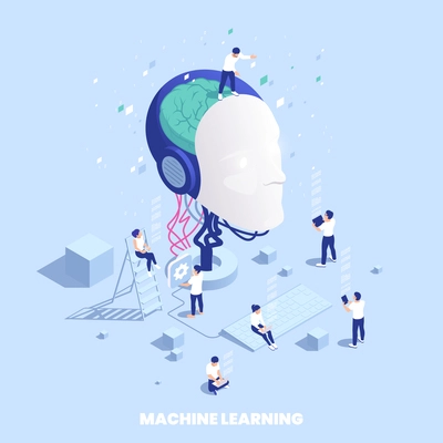 Machine learning deep learning isometric composition with head of mannequin artificial brain and people transferring data vector illustration