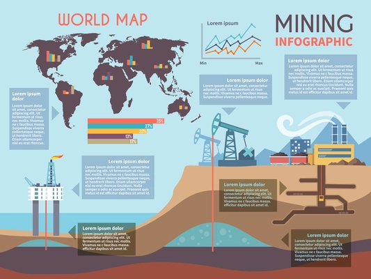 Mining infographics set with drilling industry and mineral extraction process symbols and charts vector illustration