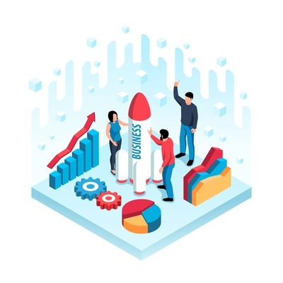 Isometric business growth abstract concept with startup rocket launch vector illustration