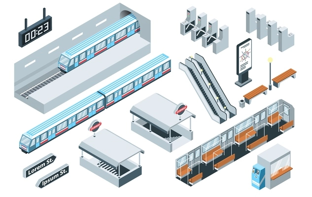 Isometric subway icons set with underground trains and passanger stations isolated vector illustration