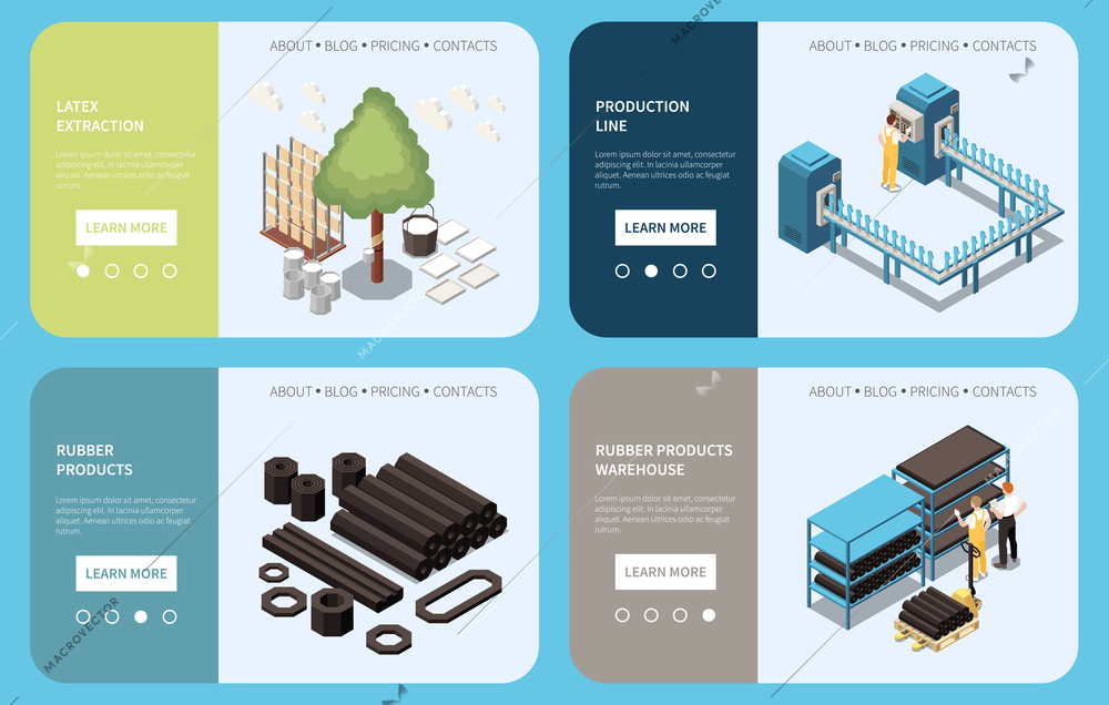 Rubber production technology isometric landing pages representing information about latex extraction equipment warehouse for rubber products isometric vector illustration