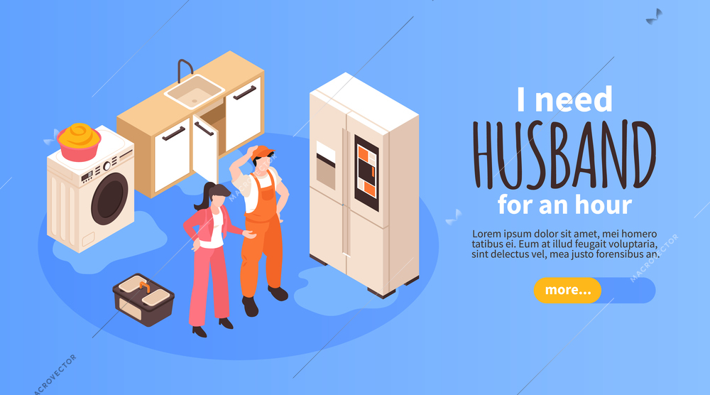 Husband for an hour isometric horizontal banner with man in uniform and broken household items vector illustration