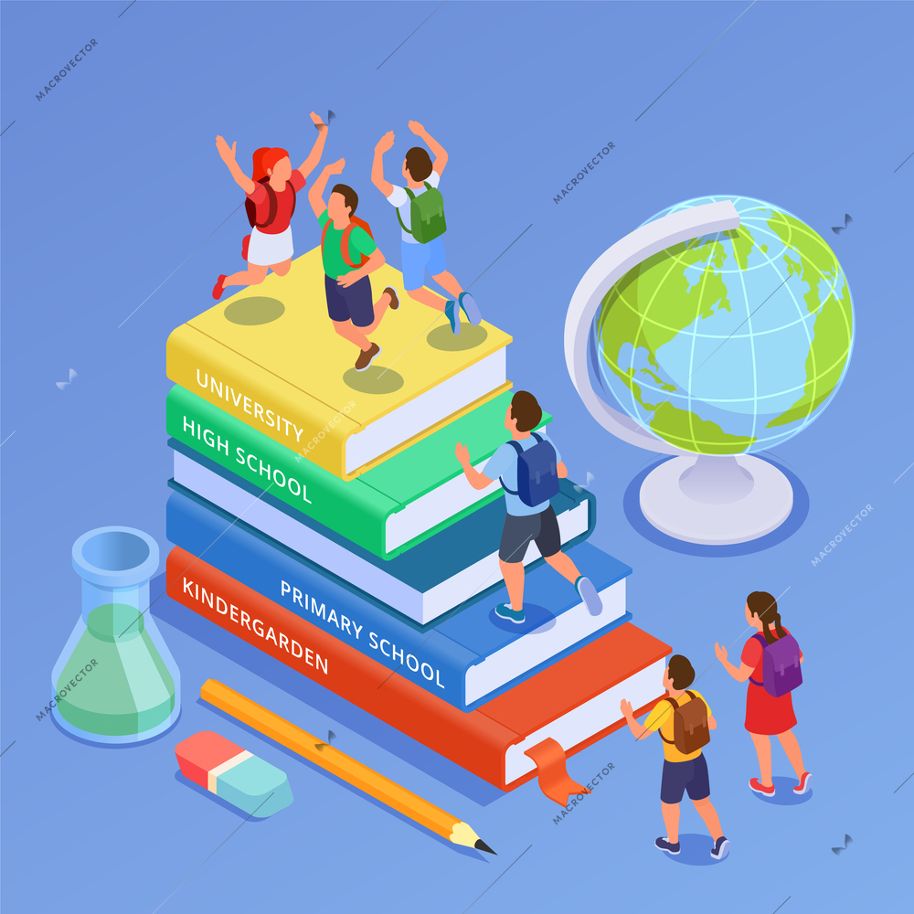 Back to school isometric composition with set of stacked books with jumping kids globe and vial vector illustration