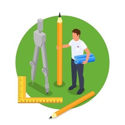 Architect construction engineer circle composition with small male character holding pencil with compasses papers and ruler vector illustration