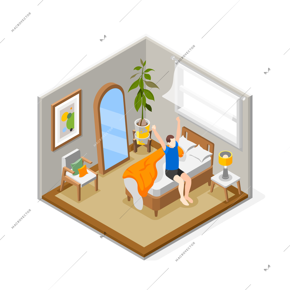 People morning routine isometric composition with man streching in his bed vector illustration