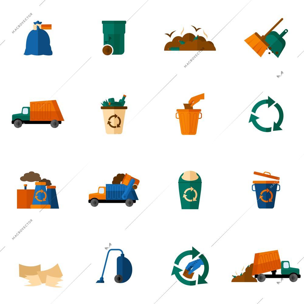 Garbage icons flat set with dumpster trash bin cleaning bulldozer isolated vector illustration