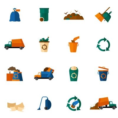 Garbage icons flat set with dumpster trash bin cleaning bulldozer isolated vector illustration