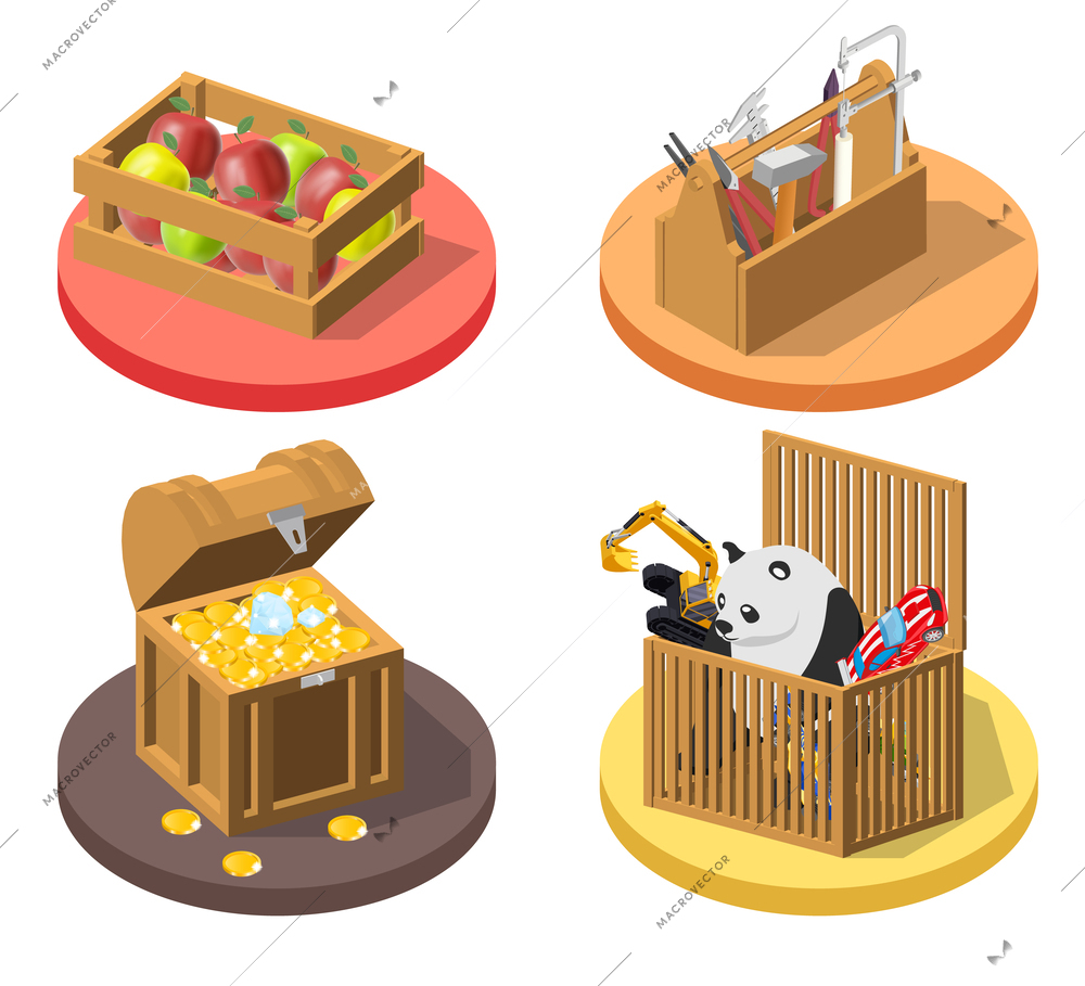 Boxes 3d 2x2 set with isolated icons of wooden boxes filled with toys fruits tools coins vector illustration