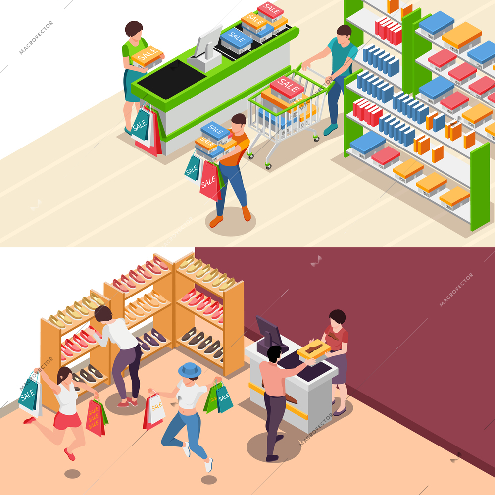 Shopping people isometric set of two horizontal compositions with human characters in shoe shop on checkout vector illustration