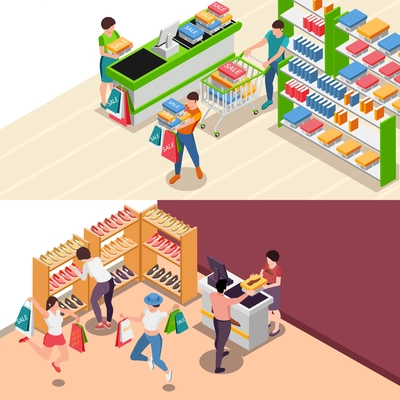 Shopping people isometric set of two horizontal compositions with human characters in shoe shop on checkout vector illustration