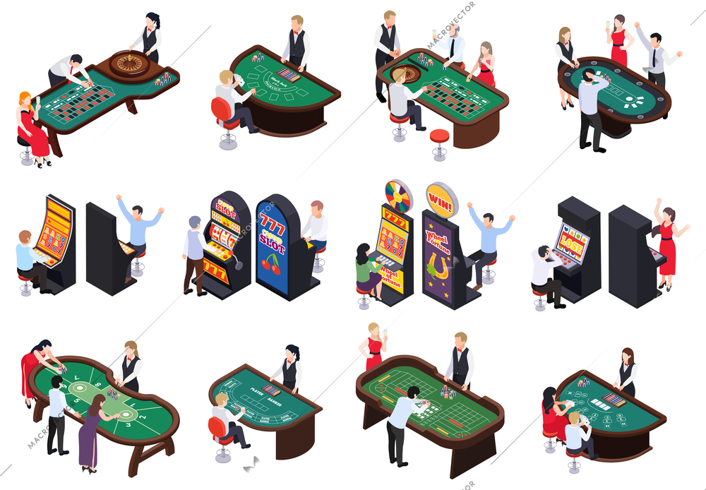 Casino isometric set with isolated views of gaming tables with cards chips roulette dealers and slots vector illustration