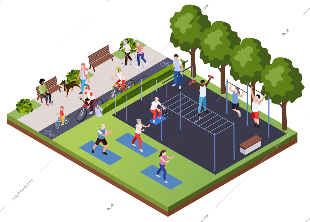 Regular sport physical activity people isometric composition with outdoor scenery and athletic playground with human characters vector illustration