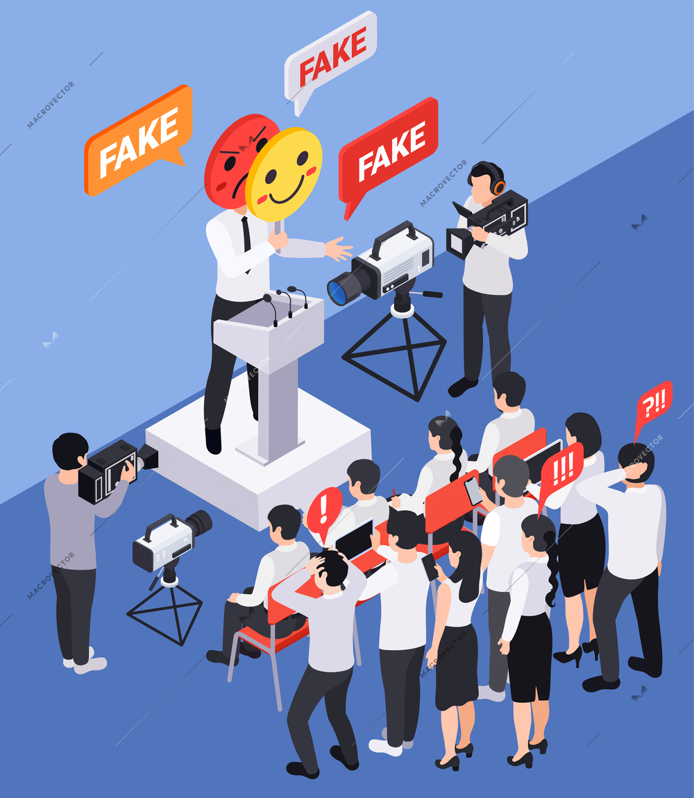 Fake news disinformation propaganda isometric composition with human characters thought bubbles and person speaking from tribune vector illustration