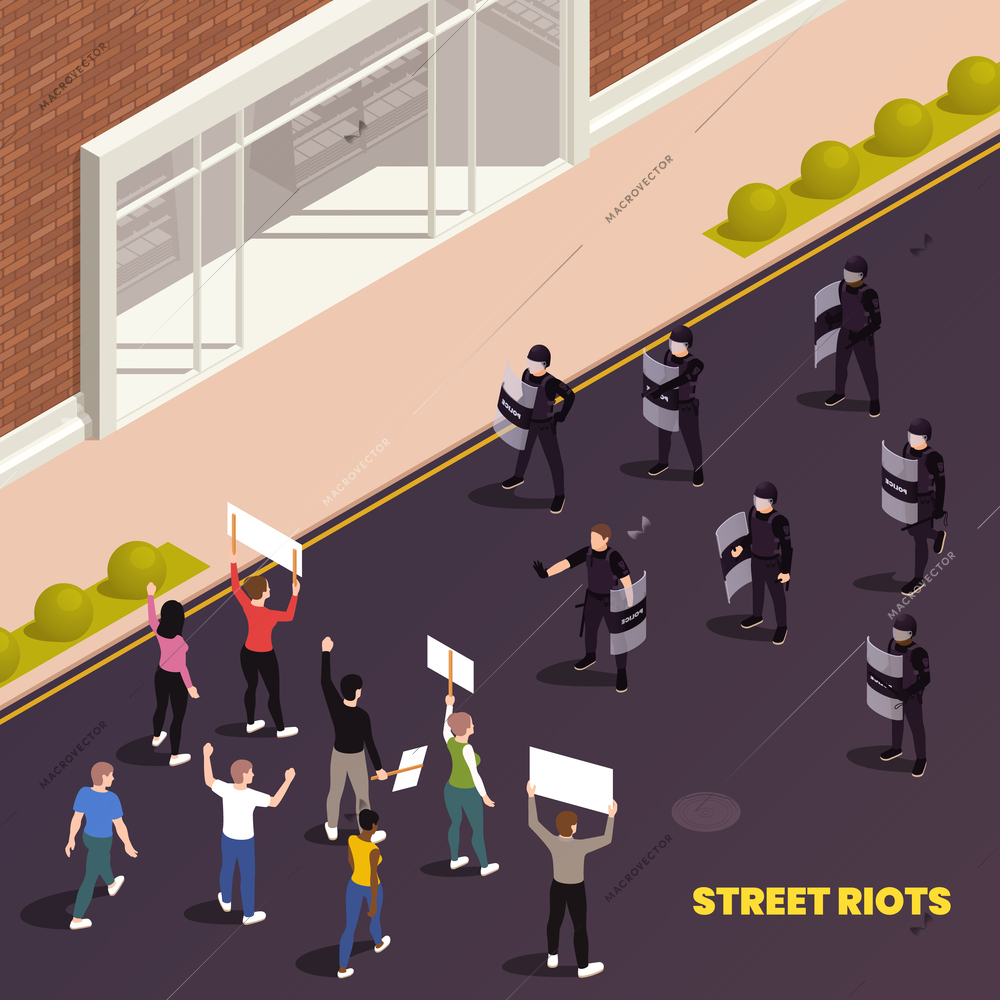 Street demonstration isometric composition with policemen in full tactical gear standing together in front of crowd of people with posters vector illustration
