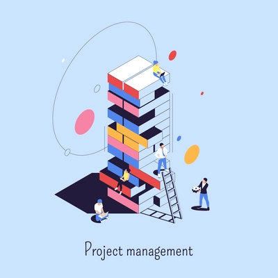 Project management abstract  background with small people on  high tower consisting of loose elements symbolizing business risks isometric vector illustration