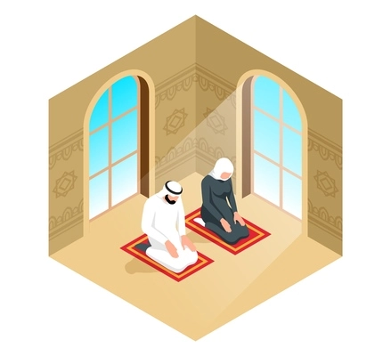 Isometric arab isolated composition with mosque windows and muslim couple praying sitting on knees on carpets vector illustration