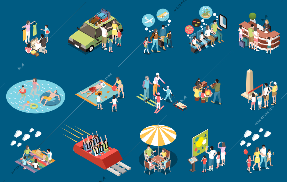 Family vacation isometric set of people spending time in coffee shop amusement park on excursion and picnic isolated vector illustration