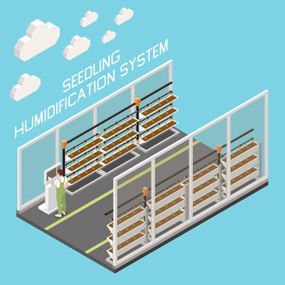 Irrigation systems isometric background depicting greenhouse with automatic humidification system for seedlings vector illustration