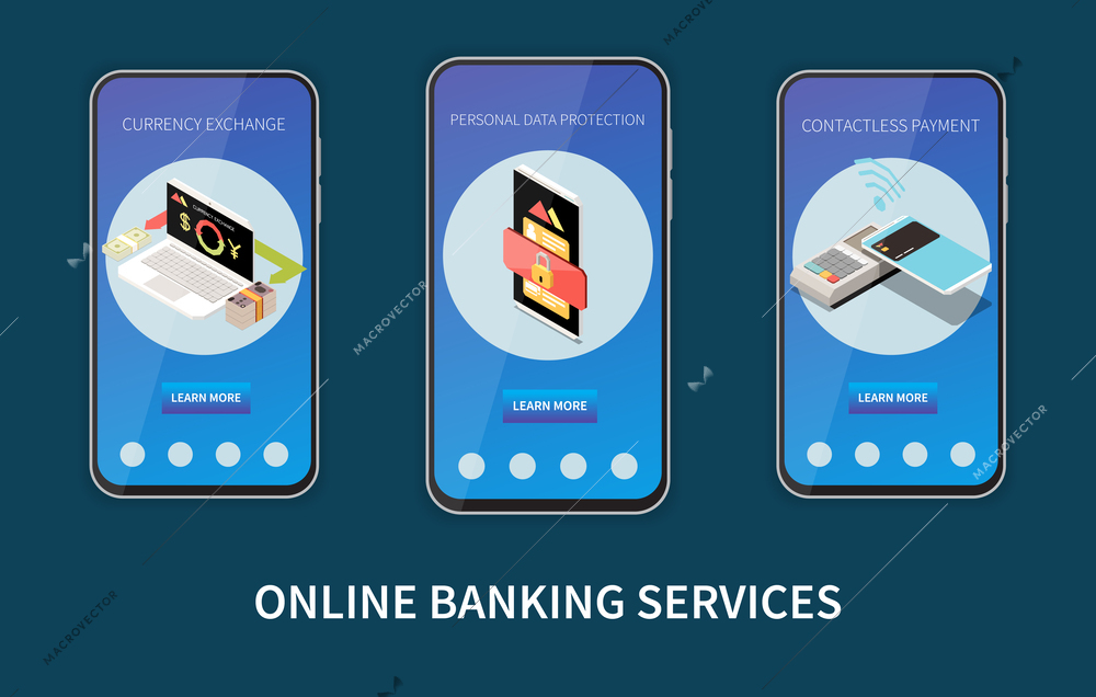 Online mobile banking services on smartphone screen with information about currency exchange contactless payment personal data protection isometric  vector illustration