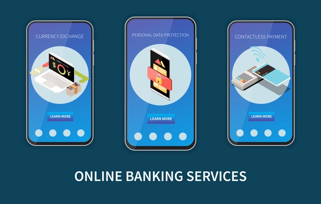 Online mobile banking services on smartphone screen with information about currency exchange contactless payment personal data protection isometric  vector illustration