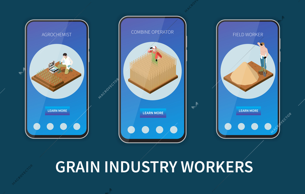 Wheat grain industry isometric mobile app set of three smartphone screens with information about agrochemist combine operator field worker professions vector illustration