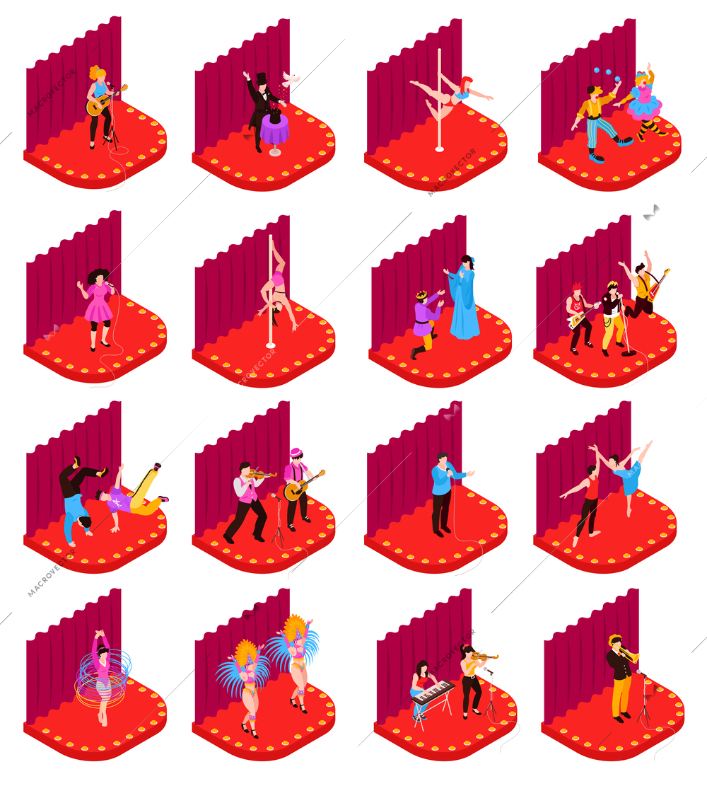 Isometric set of various artists performing on red stage with curtains isolated on white background 3d vector illustration