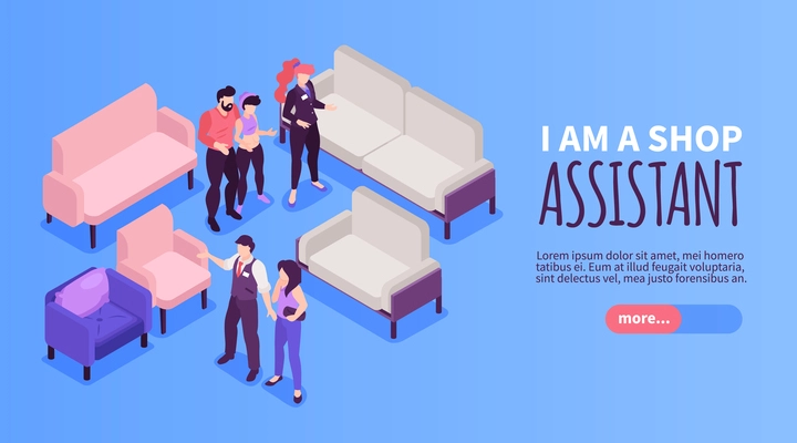 Shop assistant horizontal banner with sellers and customers in furniture store on blue background 3d isometric vector illustration