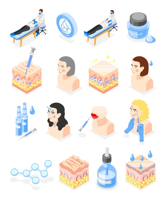 Hyaluronic acid isometric icons collection with isolated female characters skin structure patterns syringe vials and doctors vector illustration