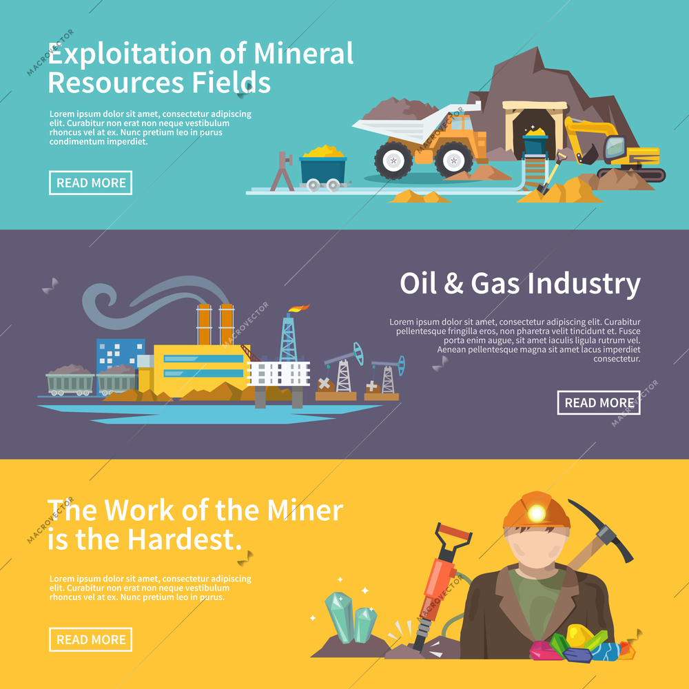 Miner work flat horizontal banner set with exploitation of mineral resources fields oil and gas industry elements isolated vector illustration