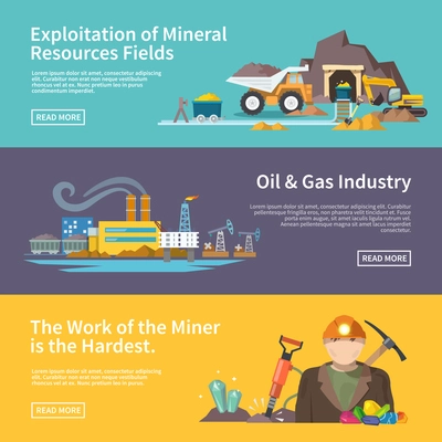 Miner work flat horizontal banner set with exploitation of mineral resources fields oil and gas industry elements isolated vector illustration