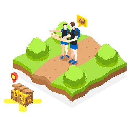 Treasure quest isometric composition with view of outdoor lane path and explorers couple with treasure chest vector illustration