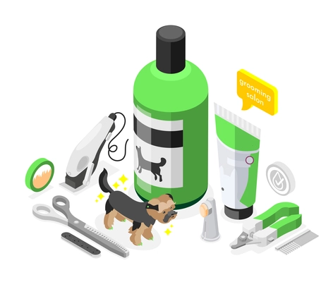 Grooming salon isometric composition with icons of shampoo and cream jars scissors trimmer and small dog vector illustration