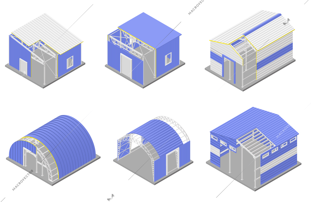 Metal constructions icons set with steel industrial buildings symbols isometric isolated vector illustration