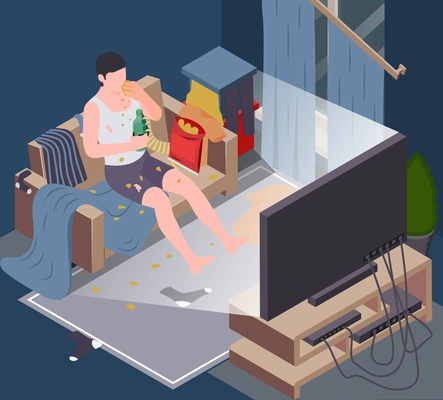 Messy and dirty room isometric background with TV watching symbols vector illustration