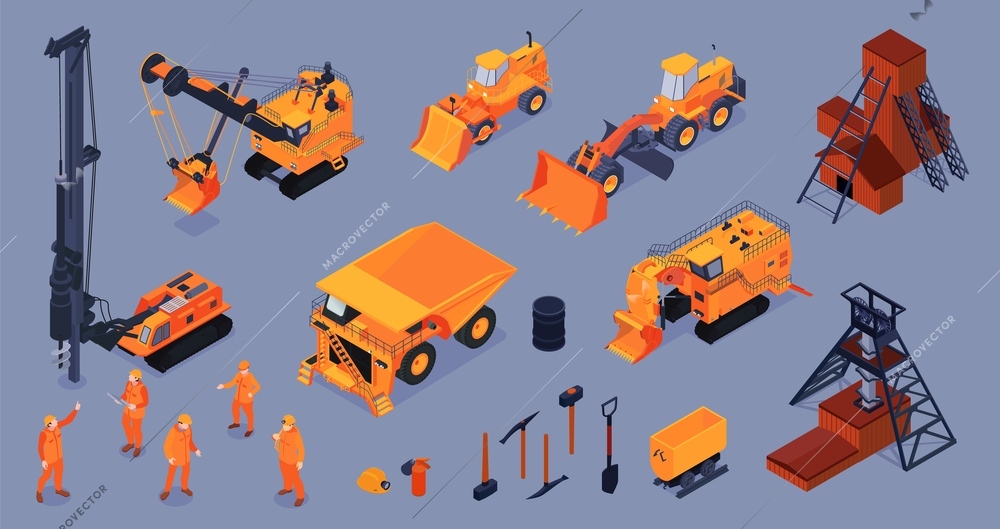 Set with isolated mining color icons with isometric images of mine buildings facilities tools and machinery vector illustration