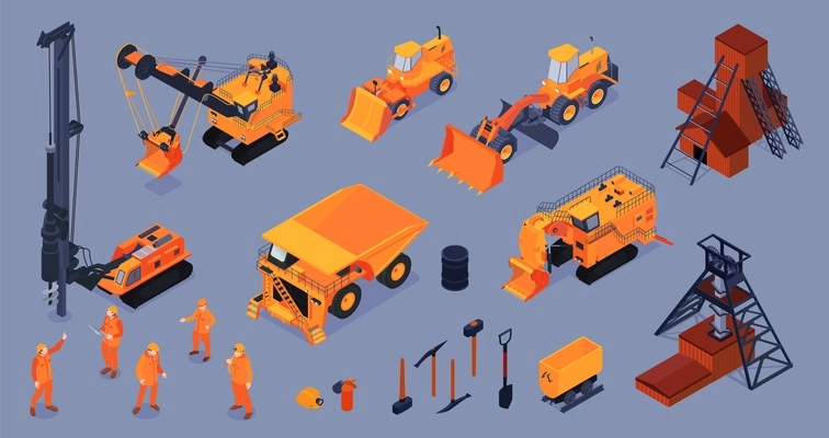 Set with isolated mining color icons with isometric images of mine buildings facilities tools and machinery vector illustration